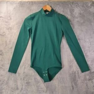 JCrew Factory Womens XXS Green Mock Neck Button Shoulder Bodysuit Long Sleeve